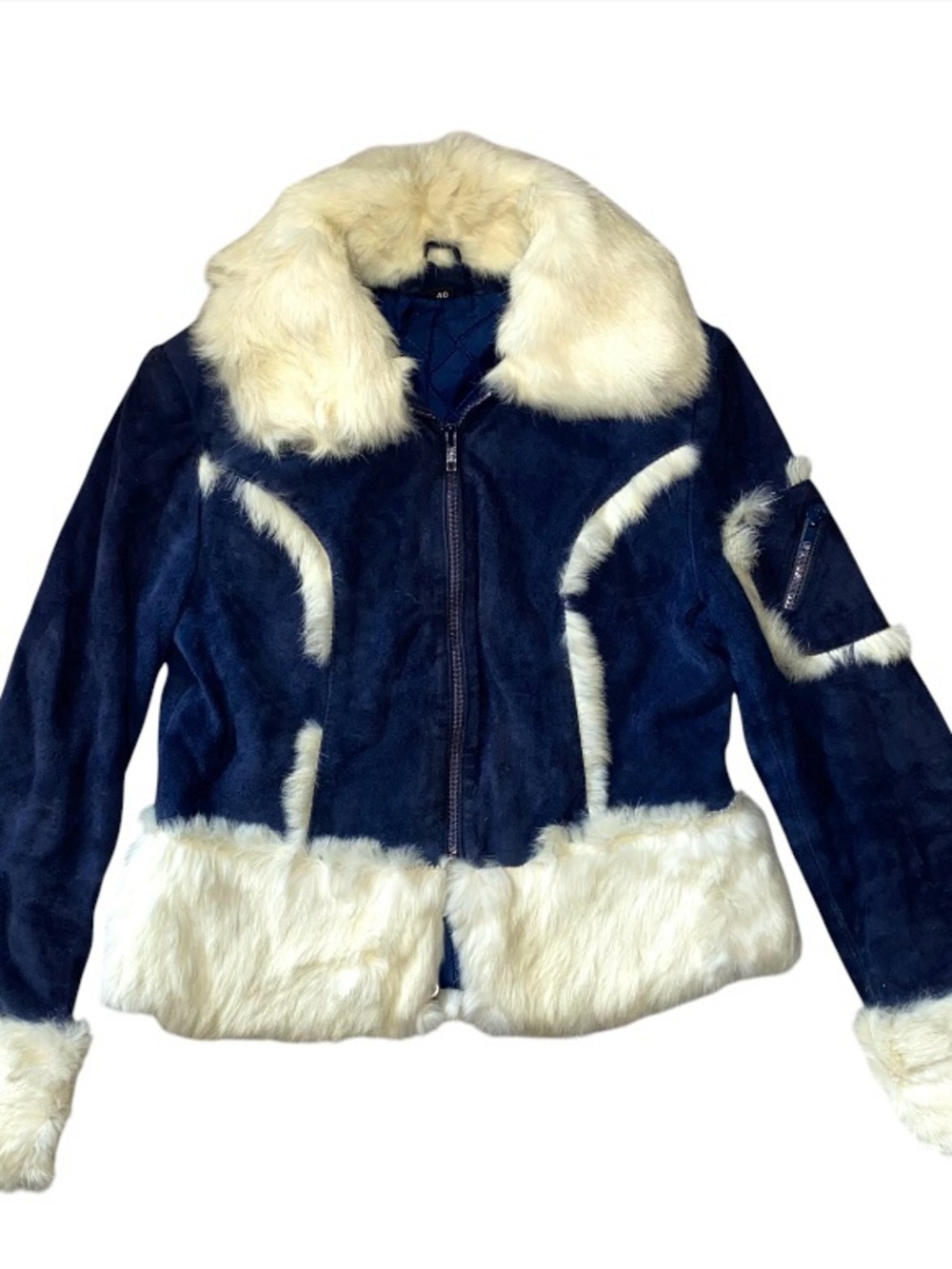 Vintage 60’s 70’s German Blue Leather & Fur Jacket Glam Women’s Size 40 (O)